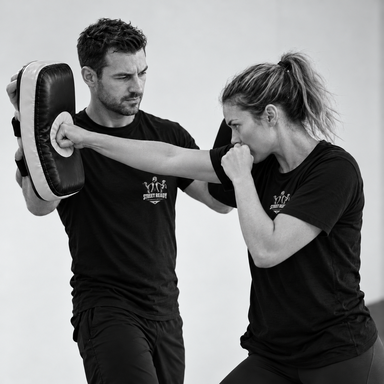 Adults practising a controlled pad-training drill