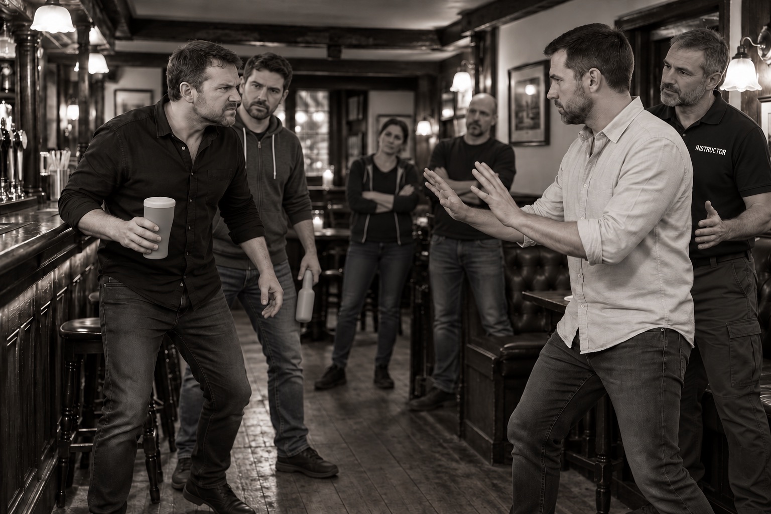 Illustrative supervised pub workshop with an instructor, observers and participants holding plastic pint and bottle props as another practises de-escalation
