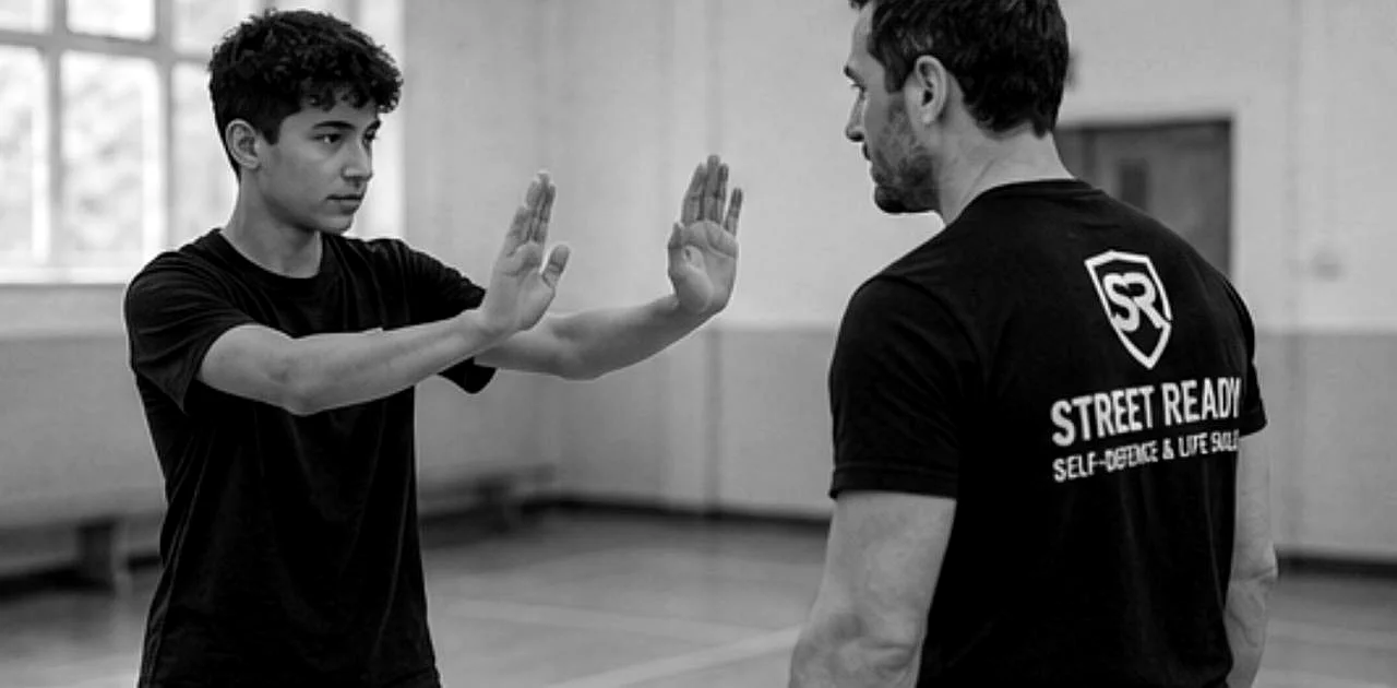 A young person practising a supervised self-defence drill with an instructor